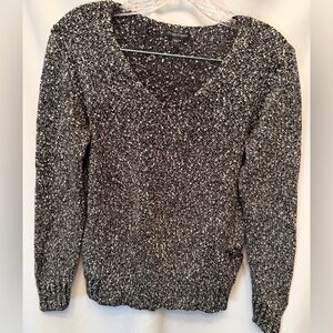 Eileen‎ Fisher Size Small Wrapped Cotton Nubble V-Neck Sweater Marled Black